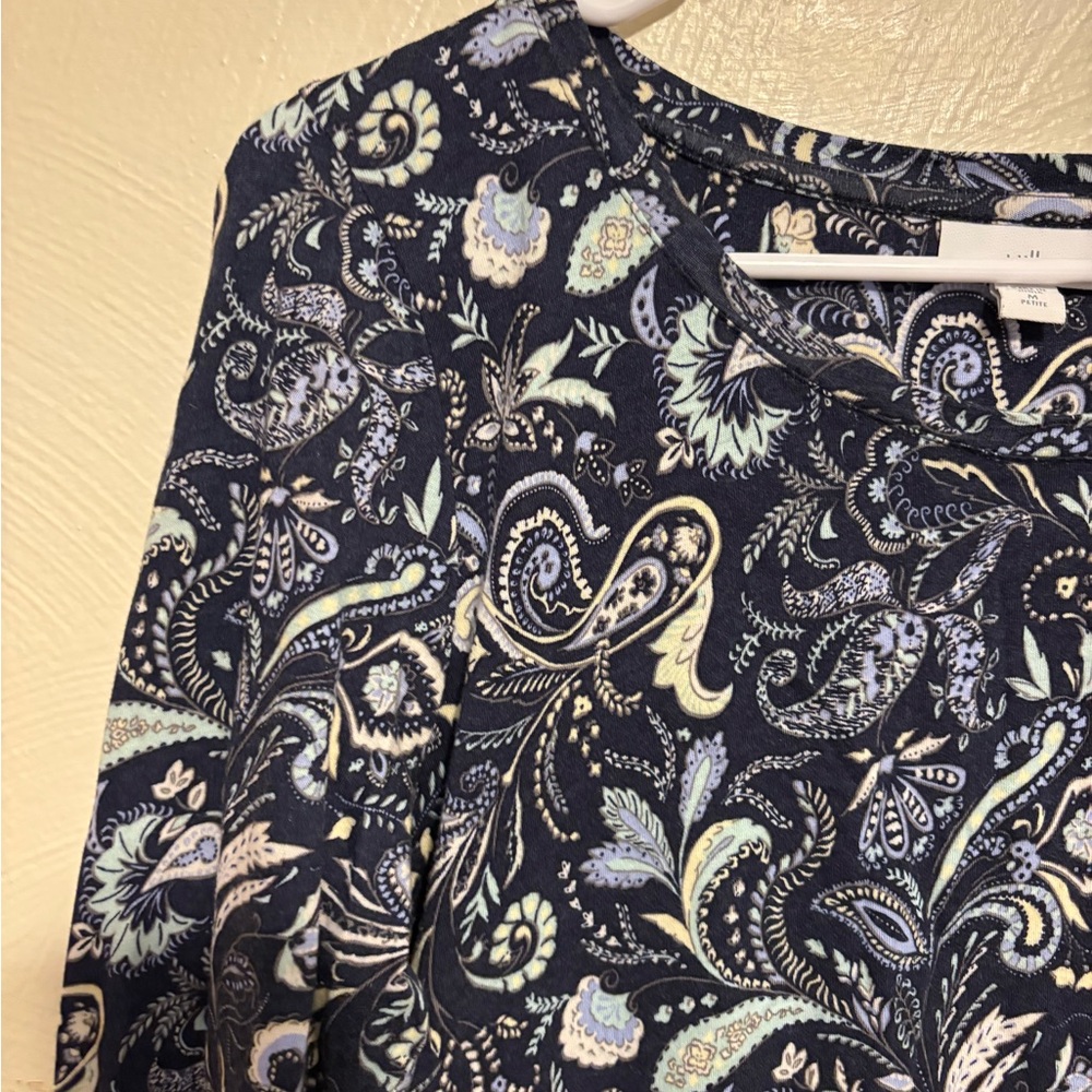 J.Jill Petite Medium Navy Blue Paisley Tunic Top 3/4 Sleeve Soft Cotton Modal - Picture 7 of 9